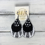 LINDSEY - Leather Earrings  ||   <BR> BLACK & WHITE POLKADOTS, <BR> SHIMMER BLACK,  <BR> BLACK & WHITE PRINT