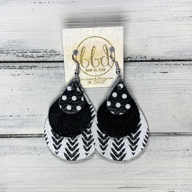 LINDSEY - Leather Earrings  ||   <BR> BLACK & WHITE POLKADOTS, <BR> SHIMMER BLACK,  <BR> BLACK & WHITE PRINT