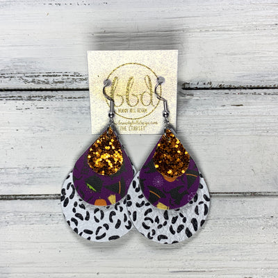 LINDSEY - Leather Earrings  ||   <BR> ORANGE GLITTER (FAUX LEATHER), <BR> HALLOWEEN ON PURPLE,  <BR> BLACK & WHITE CHEETAH