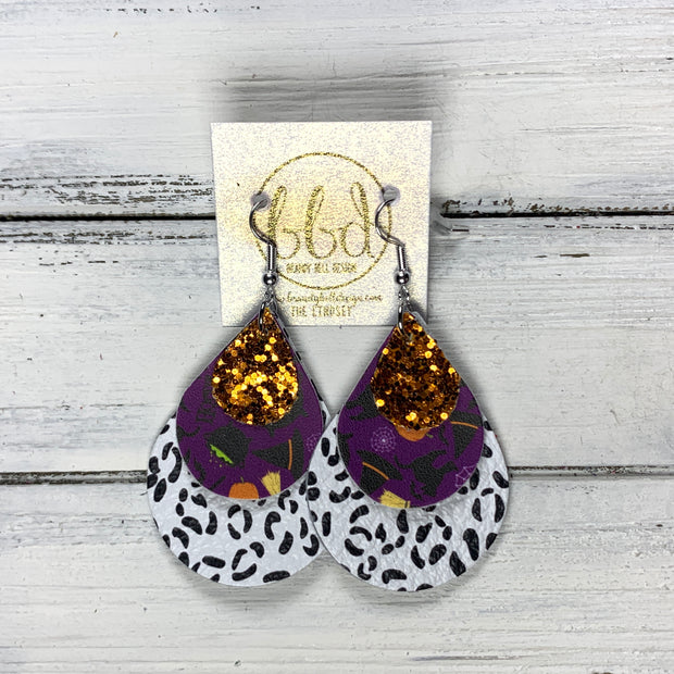 LINDSEY - Leather Earrings  ||   <BR> ORANGE GLITTER (FAUX LEATHER), <BR> HALLOWEEN ON PURPLE,  <BR> BLACK & WHITE CHEETAH