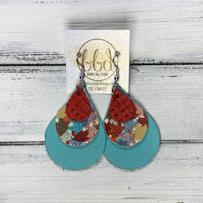 LINDSEY - Leather Earrings  ||   <BR> RED PANAMA WEAVE, <BR> MULICOLOR MAPLE LEAVES (FAUX LEATHER),  <BR> ROBINS EGG BLUE