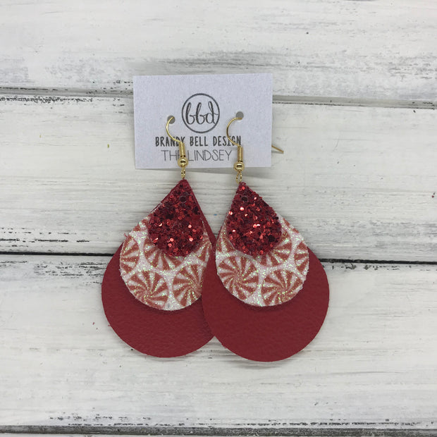 LINDSEY - Leather Earrings  ||   <BR> RED  GLITTER (FAUX LEATHER), <BR> PEPPERMINT GLITTER (FAUX LEATHER) <BR>  MATTE RED