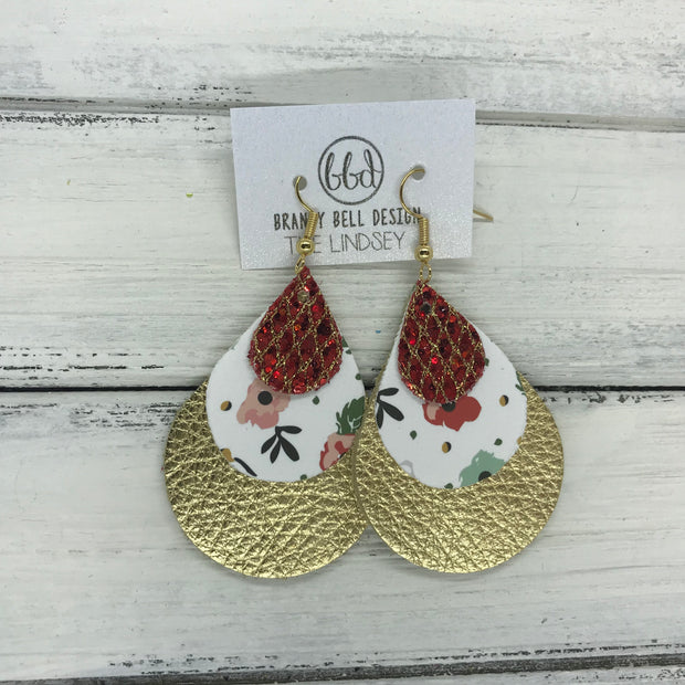 LINDSEY - Leather Earrings  ||   <BR>  RED & GOLD LATTICE GLITTER (FAUX LEATHER), <BR> VINTAGE CHRISTMAS FLORAL (FAUX LEATHER) <BR> METALLIC GOLD PEBBLED