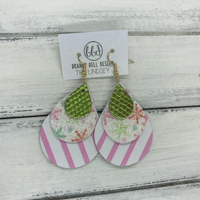 LINDSEY - Leather Earrings  ||   <BR>  METALLIC LIME GREEN COBRA, <BR> SNOWFLAKE GLITTER (FAUX LEATHER),  <BR> PINK & WHITE STRIPES