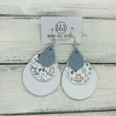LINDSEY - Leather Earrings  ||   <BR>  LIGHT BLUE BRAIDED, <BR> SNOWMAN PRINT (FAUX LEATHER),  <BR> MATTE WHITE