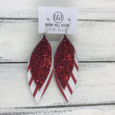 ALLIE -  Leather Earrings  || RED GLITTER (FAUX LEATHER), <BR> RED & WHITE STRIPE