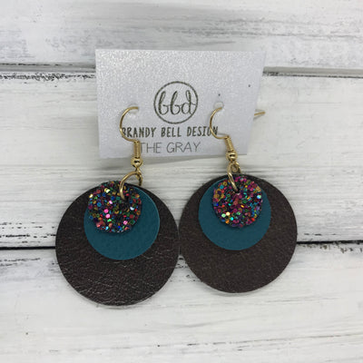 GRAY - Leather Earrings  ||   <BR> GUMDROPS & LOLLIPOPS GLITTER (NOT REAL LEATHER), <BR> MATTE DARK TEAL,  <BR> PEARLIZED DARK BROWN