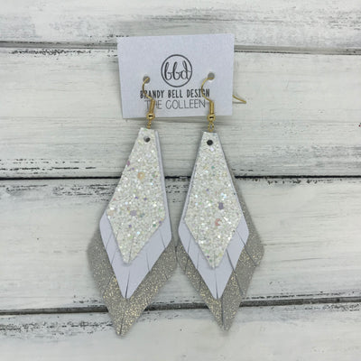 COLLEEN -  Leather Earrings  ||   CONFETTI CAKE GLITTER (FAUX LEATHER), <BR> MATTE WHITE, <BR> SHIMMER ROSE GOLD
