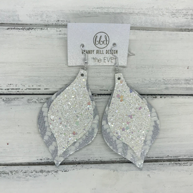 EVE - Leather Earrings  || <BR> CONFETTI CAKE GLITTER (NOT REAL LEATHER), <BR> SILVER & WHITE CHEVRON