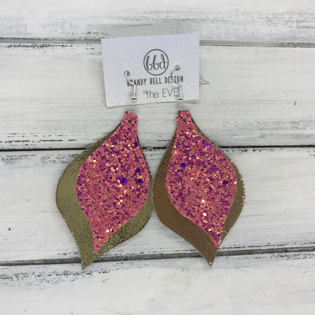 EVE - Leather Earrings  || <BR> RASPBERRY FIZZ (FAUX LEATHER), <BR> METALLIC GOLD SMOOTH
