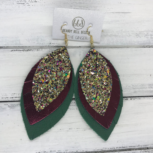 GINGER - Leather Earrings  ||  <BR>  CHUNKY GOLD JEWELS GLITTER (NOT REAL LEATHER) <BR> METALLIC CRANBERRY SMOOTH <BR> MATTE EMERALD GREEN