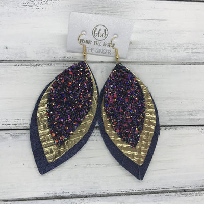 GINGER - Leather Earrings  ||  <BR>  CITY LIGHTS GLITTER (NOT REAL LEATHER) <BR> METALLIC GOLD PANAMA WEAVE <BR> METALLIC NAVY BLUE PEBBLED