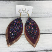 GINGER - Leather Earrings  ||  <BR>  CITY LIGHTS GLITTER (NOT REAL LEATHER) <BR> METALLIC CRANBERRY SMOOTH <BR> METALLIC ROSE GOLD SMOOTH