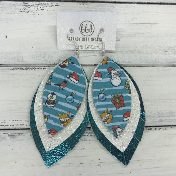 GINGER - Leather Earrings  ||  <BR>  BLUE CHRISTMAS STRIPES  <BR> CONFETTI CAKE GLITTER (FAUX LEATHER) <BR> METALLIC TEAL SMOOTH