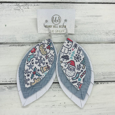 GINGER - Leather Earrings  ||  <BR>  CHRISTMAS PRINT (FAUX LEATHER),  <BR> LIGHT BLUE BRAIDED, <BR> MATTE WHITE