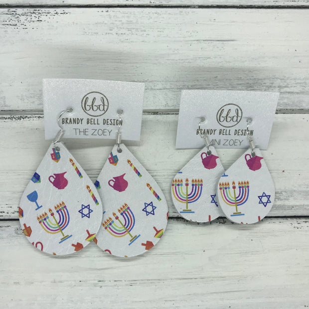 ZOEY (3 sizes available!) -  Leather Earrings  ||  HANUKKAH PRINT ON WHITE