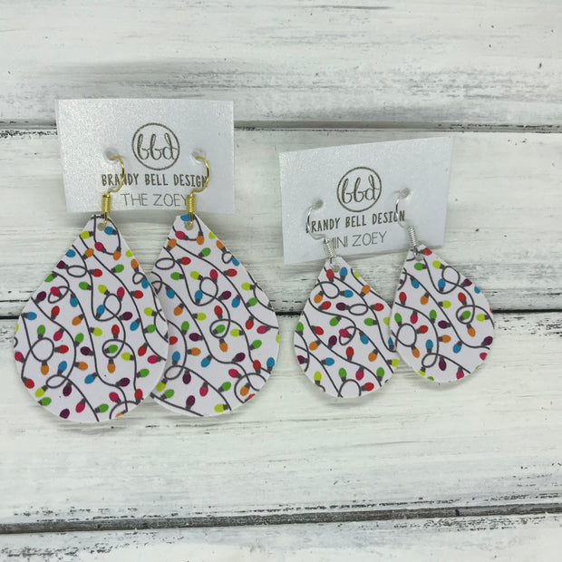 ZOEY (3 sizes available!) -  Leather Earrings  ||  CHRISTMAS LIGHTS ON WHITE (FAUX LEATHER)