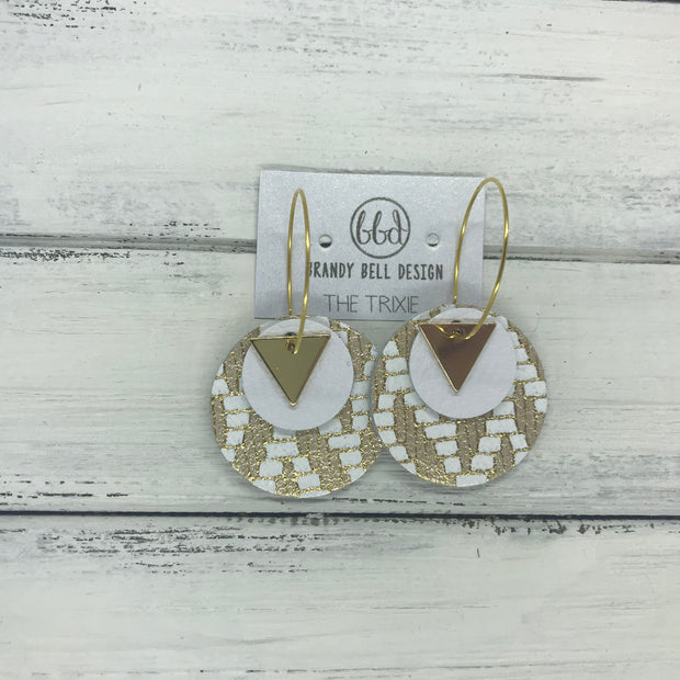 TRIXIE - Leather Earrings  ||    <BR> GOLD TRIANGLE, <BR> MATTE WHITE,  <BR> GOLD & WHITE CHEVRON