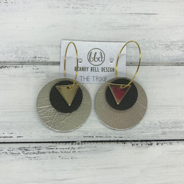 TRIXIE - Leather Earrings  ||    <BR> GOLD TRIANGLE, <BR> MATTE OLIVE GREEN,  <BR> METALLIC CHAMPAGNE SMOOTH