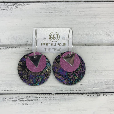 TRIXIE - Leather Earrings  ||    <BR> SILVER TRIANGLE, <BR> SHIMMER PINK,  <BR> IRIDESCENT PAISLEY ON BLACK