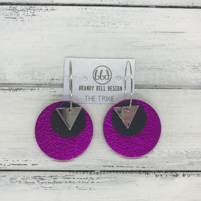 TRIXIE - Leather Earrings  ||    <BR> SILVER TRIANGLE, <BR> MATTE BLACK,  <BR> METALLIC NEON PINK