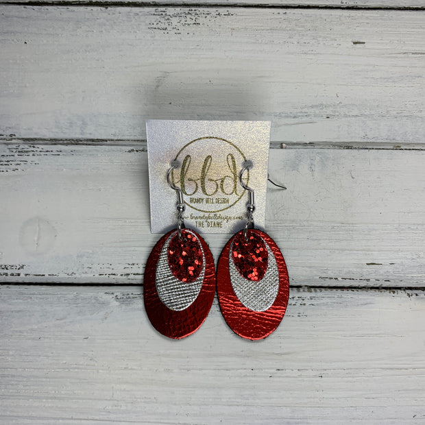 DIANE - Leather Earrings  ||    <BR> RED GLITTER (FAUX LEATHER), <BR> METALLIC SILVER SAFFIANO, <BR> METALLIC RED SMOOTH