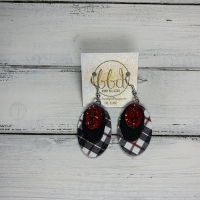 DIANE - Leather Earrings  ||    <BR> RED GLITTER (FAUX LEATHER), <BR> SHIMMER BLACK, <BR> BLACK & RED TARTAN PLAID
