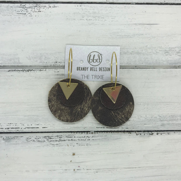 TRIXIE - Leather Earrings  ||    <BR> GOLD TRIANGLE, <BR> PEARLIZED BROWN,  <BR> ARTISAN BROWN & TAN