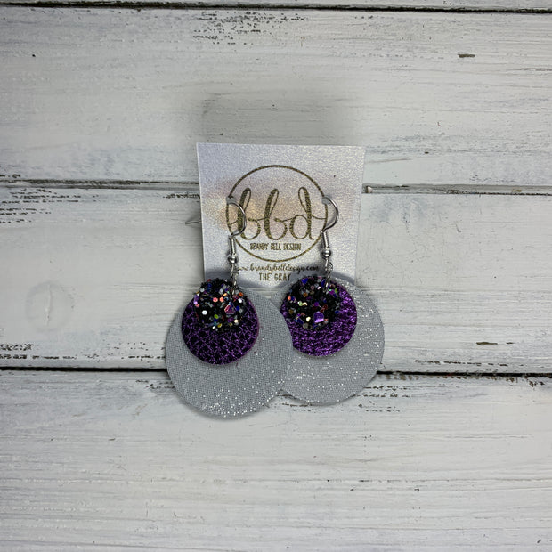 GRAY - Leather Earrings  ||    <BR> TREASURE GLITTER (FAUX LEATHER), <BR> METALLIC PURPLE PEBBLED,  <BR> SHIMMER SILVER