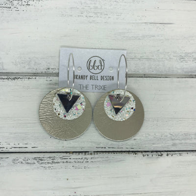 TRIXIE - Leather Earrings  ||    <BR> SILVER TRIANGLE, <BR> CONFETTI CAKE GLITTER,  <BR> METALLIC CHAMPAGNE SMOOTH