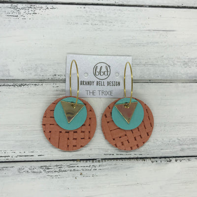 TRIXIE - Leather Earrings  ||    <BR> GOLD TRIANGLE, <BR> MATTE ROBINS EGG BLUE,  <BR> SALMON PANAMA WEAVE