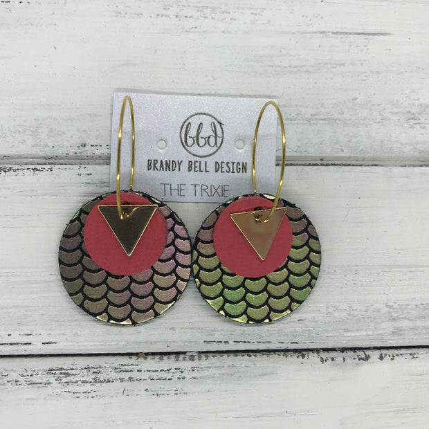 TRIXIE - Leather Earrings  ||    <BR> GOLD TRIANGLE, <BR> MATTE CORAL/PINK,  <BR> METALLIC PINK/GREEN MERMAID