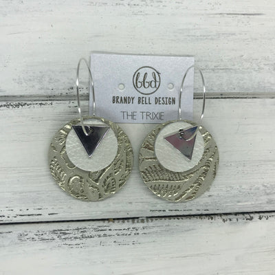 TRIXIE - Leather Earrings  ||    <BR> SILVER TRIANGLE, <BR> PEARL WHITE,  <BR> METALLIC CHAMPAGNE WESTERN FLORAL