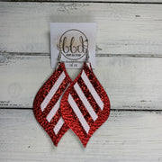 EVE - Leather Earrings  || RED GLITTER & WHITE STRIPES (FAUX LEATHER),<BR> METALLIC RED PEBBLED