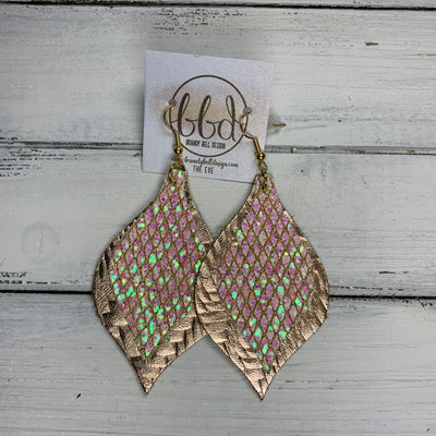 EVE - Leather Earrings  || IRIDESCENT NETTING GLITTER (FAUX LEATHER),<BR> METALLIC ROSE GOLD BRAIDED