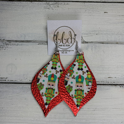 EVE - Leather Earrings  || NUTCRACKER PRINT (FAUX LEATHER),<BR> METALLIC RED PEBBLED