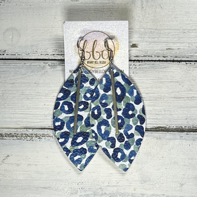 "RAISE THE BAR" <br> *3 SIZES AVAILABLE! <br> SUEDE + STEEL COLLECTION ||  Genuine Leather Earrings || <BR>  BLUE & SAGE CHEETAH   *Choose size & bar finish!*