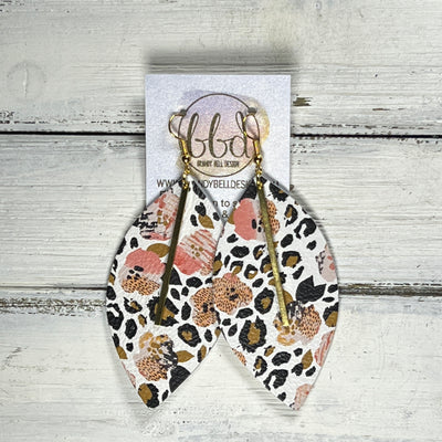 "RAISE THE BAR" <br> *3 SIZES AVAILABLE! <br> SUEDE + STEEL COLLECTION ||  Genuine Leather Earrings || <BR>  CORAL FLORAL CHEETAH   *Choose size & bar finish!*