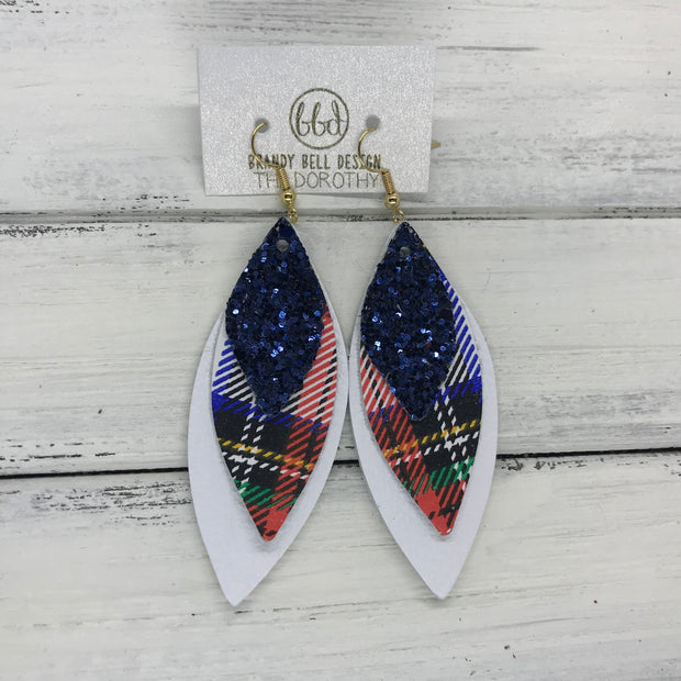 DOROTHY - Leather Earrings  ||  <BR> NAVY GLITTER (FAUX LEATHER) <BR> TARTAN PLAID <BR> MATTE WHITE