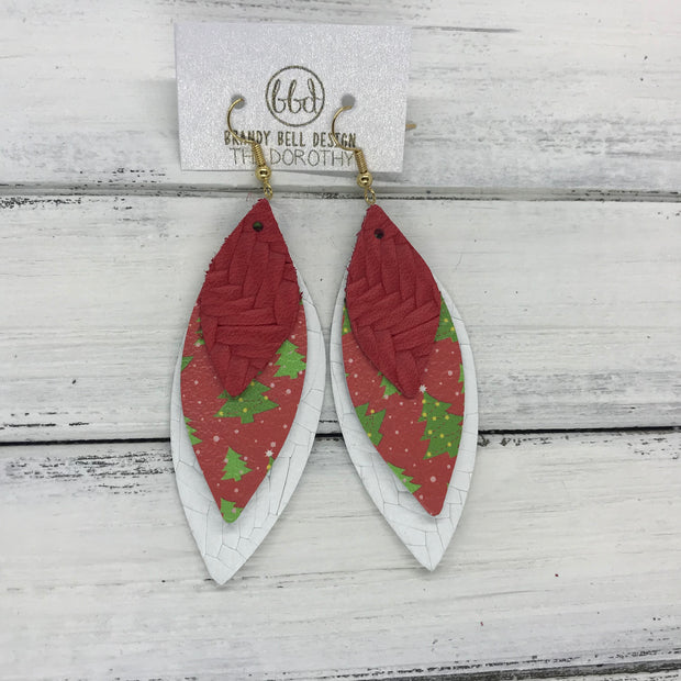 DOROTHY - Leather Earrings  ||  <BR> RED BRAIDED, <BR> RED & GREEN CHRISTMAS TREES <BR> WHITE BRAIDED