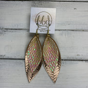 ALLIE -  Leather Earrings  ||  IRIDESCENT NETTING GLITTER (FAUX LEATHER), <BR> METALLIC ROSE GOLD BRAIDED