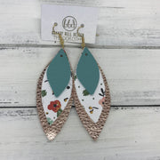 DOROTHY - Leather Earrings  ||  <BR> MATTE DUSTY AQUA, <BR> VINTAGE CHRISTMAS FLORAL (FAUX LEATHER) <BR> METALLIC ROSE GOLD PEBBLED