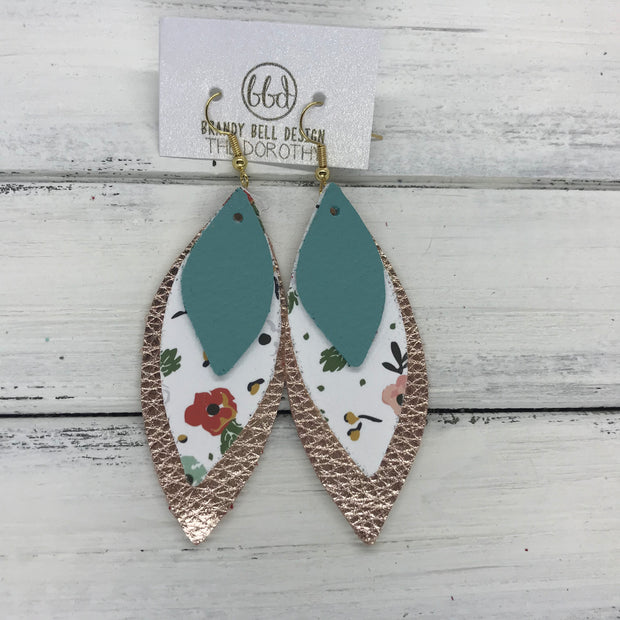 DOROTHY - Leather Earrings  ||  <BR> MATTE DUSTY AQUA, <BR> VINTAGE CHRISTMAS FLORAL (FAUX LEATHER) <BR> METALLIC ROSE GOLD PEBBLED