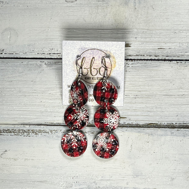 DAISY -  Leather Earrings  ||   <BR> RED & BLACK PLAID WITH SNOWFLAKES