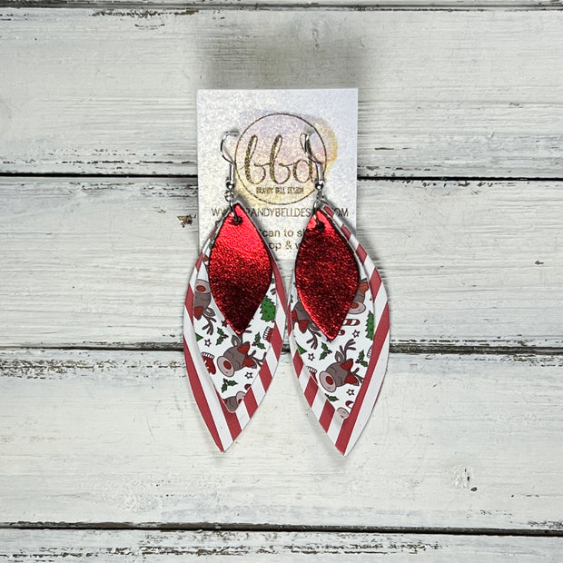 DOROTHY -  Leather Earrings  ||   <BR> METALLIC RED SMOOTH, <BR> FUN REINDEER (FAUX LEATHER), <BR> RED & WHITE PETITE STRIPE
