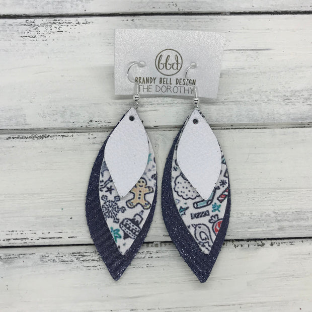 DOROTHY - Leather Earrings  ||  <BR> MATTE WHITE, <BR> CHRISTMAS PRINT (FAUX LEATHER), <BR> SHIMMER NAVY