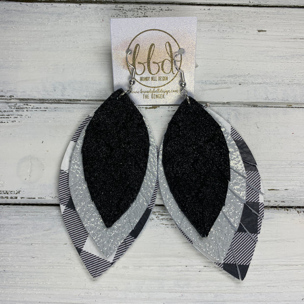 GINGER - Leather Earrings  ||  <BR>  SHIMMER BLACK, <BR> SHIMMER SILVER, <BR> PETITE BLACK & WHITE BUFFALO PLAID