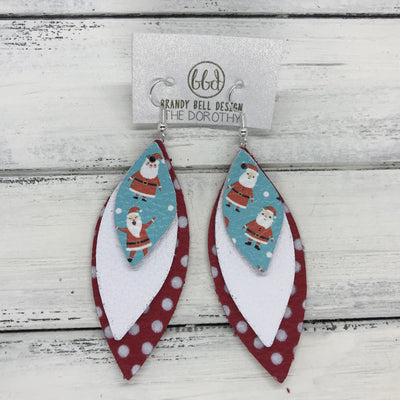 DOROTHY - Leather Earrings  ||  <BR> SANTA ON BLUE, <BR> MATTE WHITE, <BR> RED WITH WHITE POLKADOTS