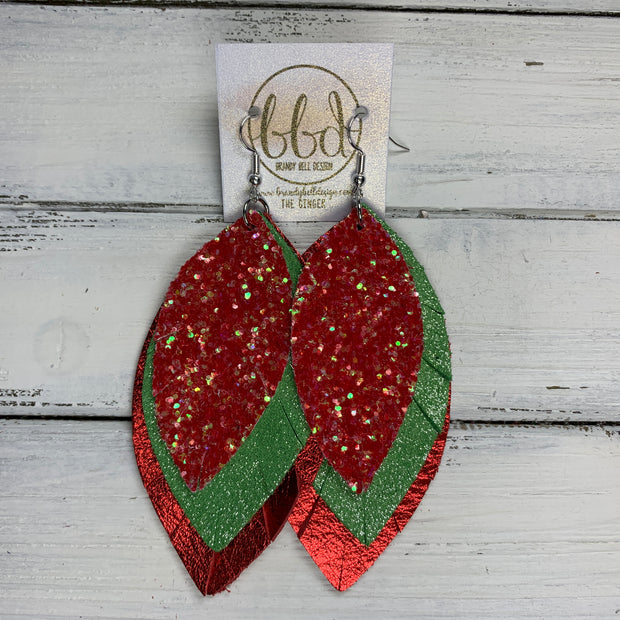 GINGER - Leather Earrings  ||  <BR>  CANDY APPLE GLITTER (FAUX LEATHER), <BR> SHIMMER GREEN, <BR> METALLIC RED PEBBBLED