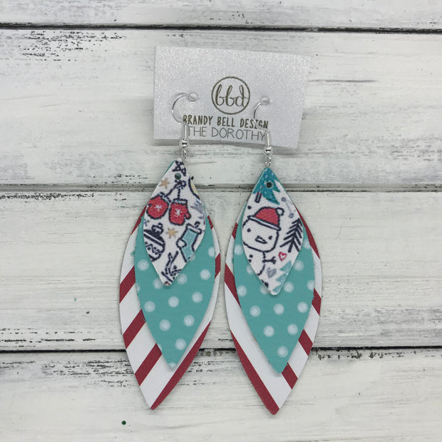 DOROTHY - Leather Earrings  ||  <BR> CHRISTMAS PRINT (FAUX LEATHER), <BR> AQUA WITH WHITE POLAKDOTS, <BR> RED & WHITE STRIPE